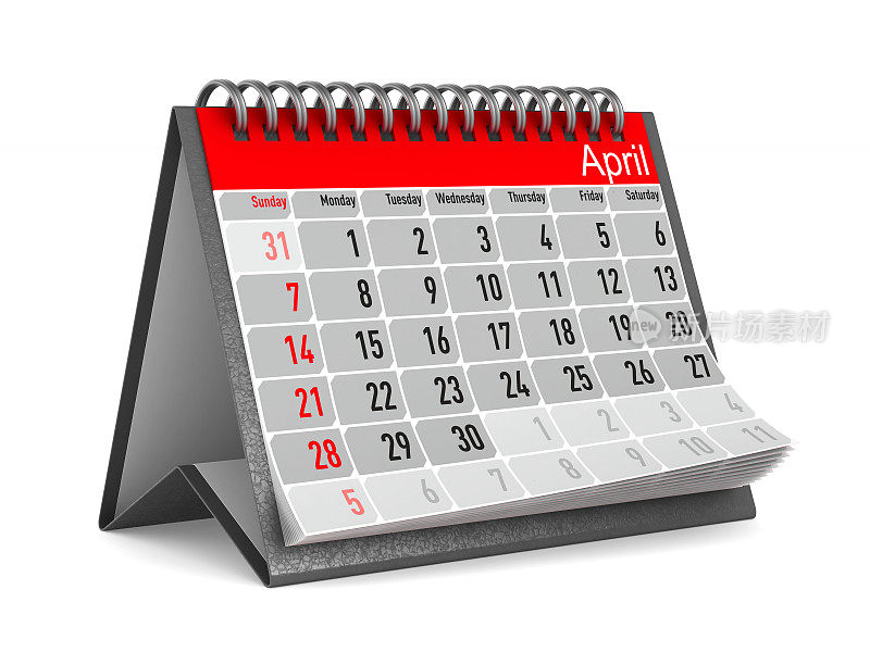 4月的日历。孤立的3 d演示